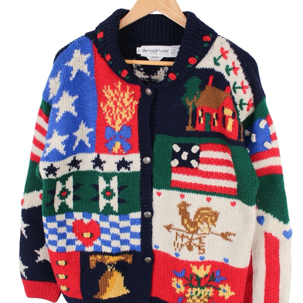 Vintage The Eagle's Eye Wool Americana Patchwork Cardigan Sweater Women's Large - Picture 2 of 5